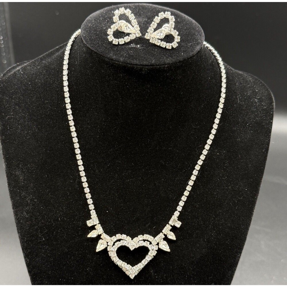 Vtg Jay Flex Necklace Screw Bk Earrings Heart Set 925 Sterling Silver Rhinestone